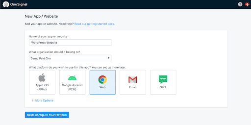 Registrazione sul sito di OneSignal