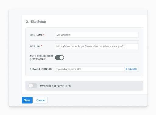 Configurazione sul sito di OneSignal